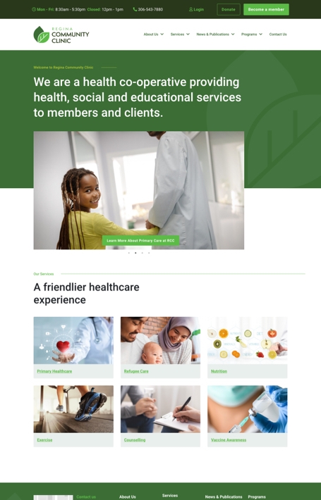 Regina Community Clinic homepage screenshot